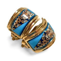 Vintage Hermès Cloisonné Enamel Gold-Tone Earrings with Panther, Leopard,Cheetar