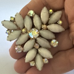 Vtg Rectangle GoldTone Brooch AB Rhinestone White Milk Glass Marquise Stones B30