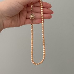 Vintage Yellow Gold Filled Genuine Real Pearl Peach 5.5MM Strand Necklace 14.5″