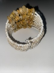 Vintage Tan Stone And White Beaded Layered Stretch Cuff Bracelet