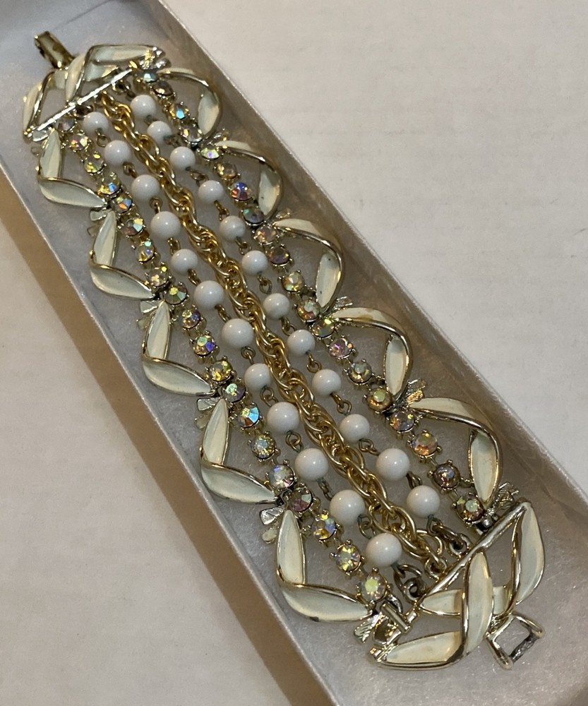 ART Deco Vintage Rhinestone Multi Strand Stack Bracelet Gold White Bead Enamel