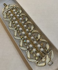 ART Deco Vintage Rhinestone Multi Strand Stack Bracelet Gold White Bead Enamel