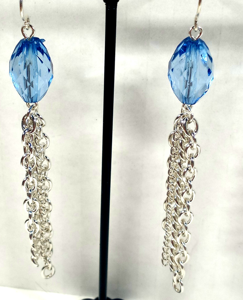 Vintage Silver Color Blue Crystal&chains Pierced Wire Earrings