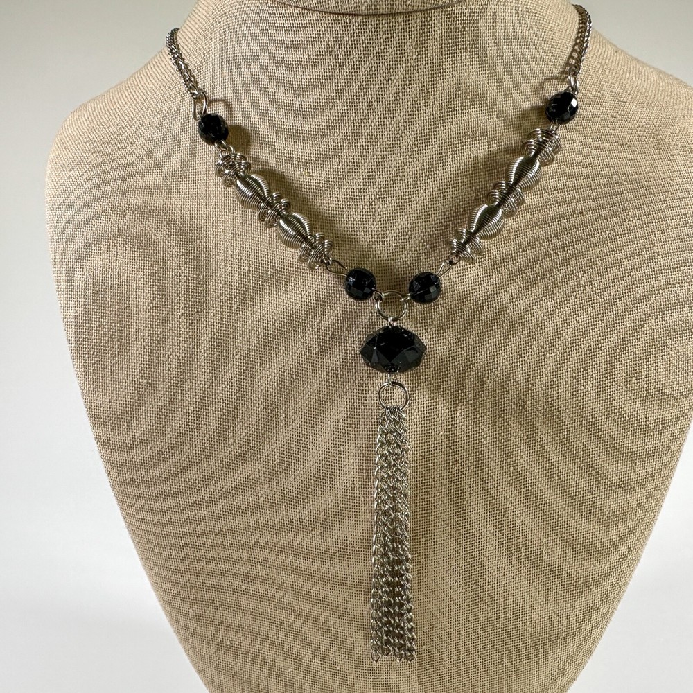 Vintage Tassel Necklace Silver-Tone Black Bead Elegant Art Deco Style Jewelry