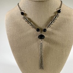 Vintage Tassel Necklace Silver-Tone Black Bead Elegant Art Deco Style Jewelry