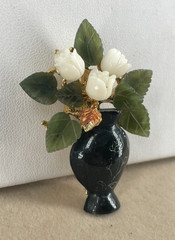 VTG SWOBODA Carved Jade & Coral Roses in Onyx Vase brooch -Read-