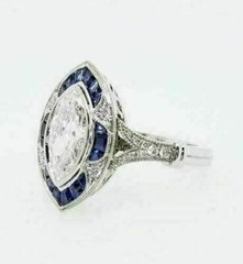 Antique Art Deco Sapphire & Lab Created Diamond Engagement 14KWhite Gold FN Ring
