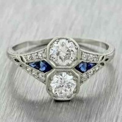 Art Deco Round Cut Lab Created Diamond Sapphire 14Ct White Gold FN Wedding Ring