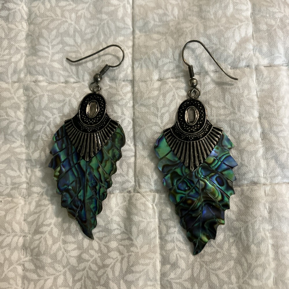 Vintage 1980s-1990s, Abalone Feather Earrings, Silver