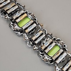Vintage Bracelet Lime Green Round Bead Faux Pearl Silver Tone Book Chain 6″