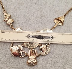 Vintage Alice In Wonderland Gold Tone Bib Necklace T Cup T Pot Rabbit Mushroom