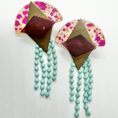 Vtg RARE 80s Post Modern Pop Art Pink Resin Blue Tassel Statement Earrings Post