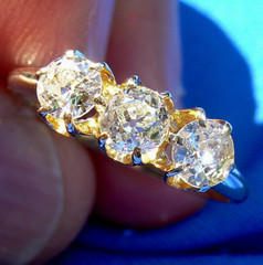 Original EARTH MINED DIAMOND 3 stone Deco Anniversary Wedding Ring Antique Band