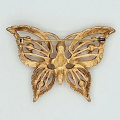 Vtg Gold Butterfly Brooch Faux Pearl Openwork Figural Pin 2.5 In