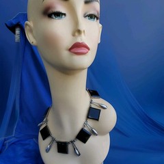 Original STERLING SILVER 925 Deco Onyx Modernist Necklace 186 Gr Vintage 18″ In
