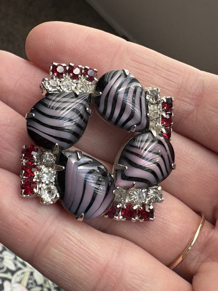 Juliana D&E Zebra Brooch Purple Red Black Teardrop Glass Cabochons Limited RARE
