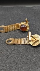 Art Deco Round Gold Tone Mesh Wrap Faux Tiger Eye Cufflinks Set