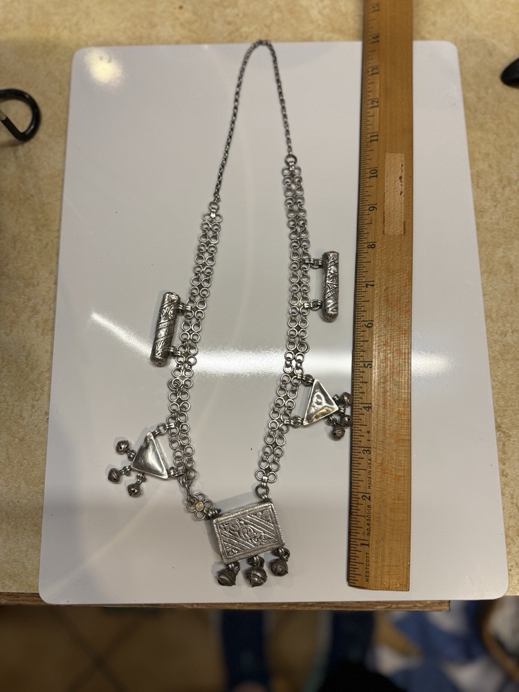 Antique silver alloy necklace, charms, 92gr. From Middle East. Mid-Century.