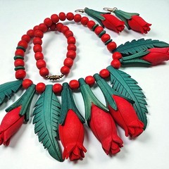Vintage Red Rose Necklace & Earrings Set Carved Wood Look Folk Art 1960s