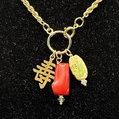 Custom Vintage Charm Trio, Vtg Gold Plated Chain Necklace, Coral, Chinese Symbol