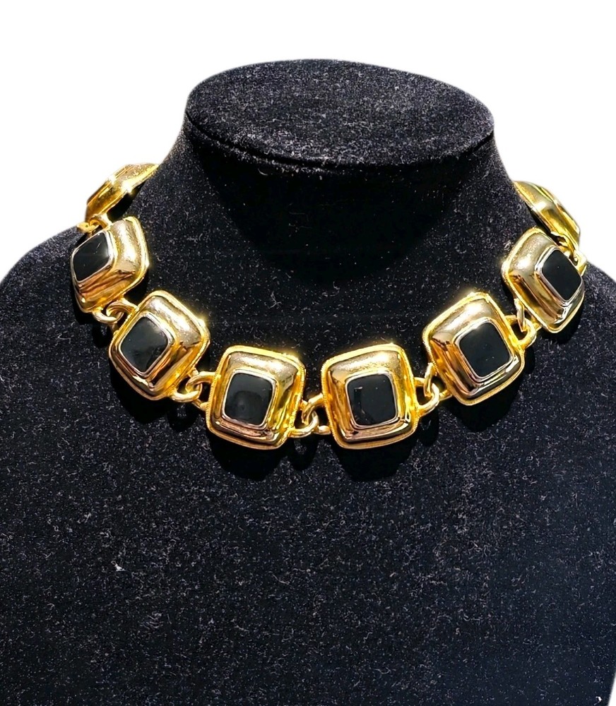 Vtg Anne Klein Black Enamel Square Link Choker Necklace Gold Tone Toggle 17″