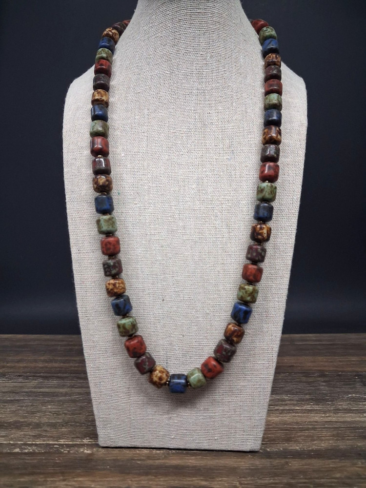 Vintage Picasso Jasper Bead Stone Necklace Colorful Barrel Style Artist Flair