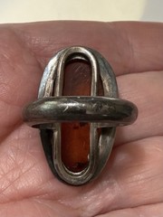 Bold Vintage Modernist Sterling Silver Unique Sculptural Cognac Amber Ring Sz 7
