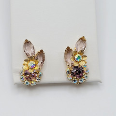 Glamorous AB Crystal Flower Floral Pale Rhinestone Climber Vtg Clip On Earrings