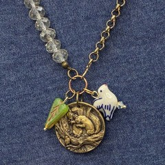Vintage Brassy Bronzy Necklace & Charms of Mixed Metals: Heart, Bird, Squirrel