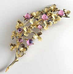 Trifari Floral 3.25″ Spray Brooch Pin GoldTone Pink Gripoix Cabochons GX30