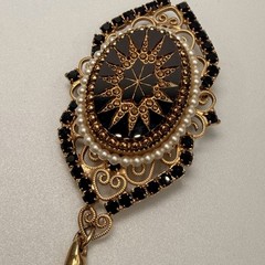 Vintage Victorian Revival Brooch Lot of 2 Gold Black Enamel Tassel Filigree