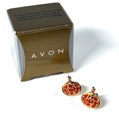Vintage Avon Gold Tone Pumpkin Earrings Orange Rhinestone Fall Autumn – 1997