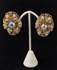 Vintage Gold Tone Filigree Clip On Earrings Faux Seed Pearl Aurora Borealis Oval