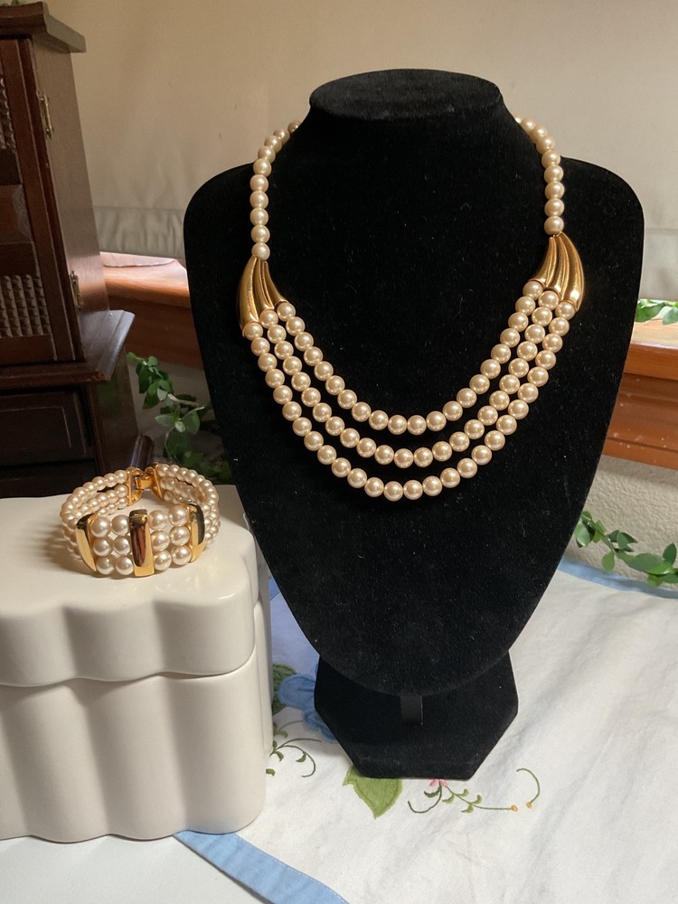 Napier faux pearl necklace with gold tone accents and bracelet