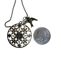 Vintage Copper Bird Necklace Floral Filigree Pendant Ball Chain Boho Statement