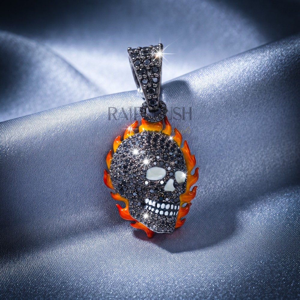 925 Sterling Silver Flaming Skull Pendant Black Moissanite Hip Hop Charm Unisex