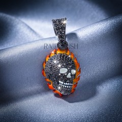 925 Sterling Silver Flaming Skull Pendant Black Moissanite Hip Hop Charm Unisex