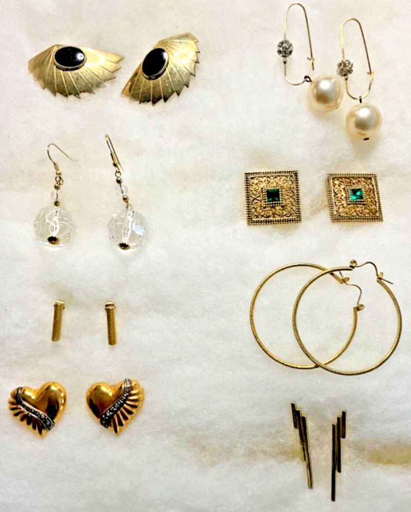 Vintage Earrings Lot Eight Pairs GoldTone Pierced Styles Hearts Hoop Dangle Post