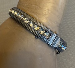 1920s Art Deco Rhinestone Hinged Bangle Signed ALLCO Square Cut Channel Set 7″