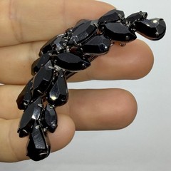 Vtg Jet Black Rhinestone Crescent Statement Gunmetal Brooch Marquise Teardrop