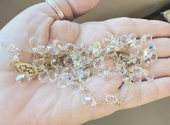 14kt Gold Filled Station Necklace AB Iridescent Crystal Glass Dangle Beads 32in