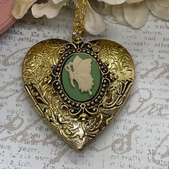 Gold Heart Locket Photo Birthday Anniversary Wedding Green Butterfly Necklace