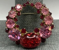 Vintage Dragon’s Breath Red Pink Rhinestone Wreath Brooch Gold Tone Cabochon