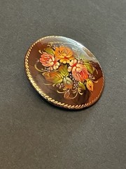 Russian Floral Brooch Hand Painted made in USSR Brown Autumnal Flower VTG Pin