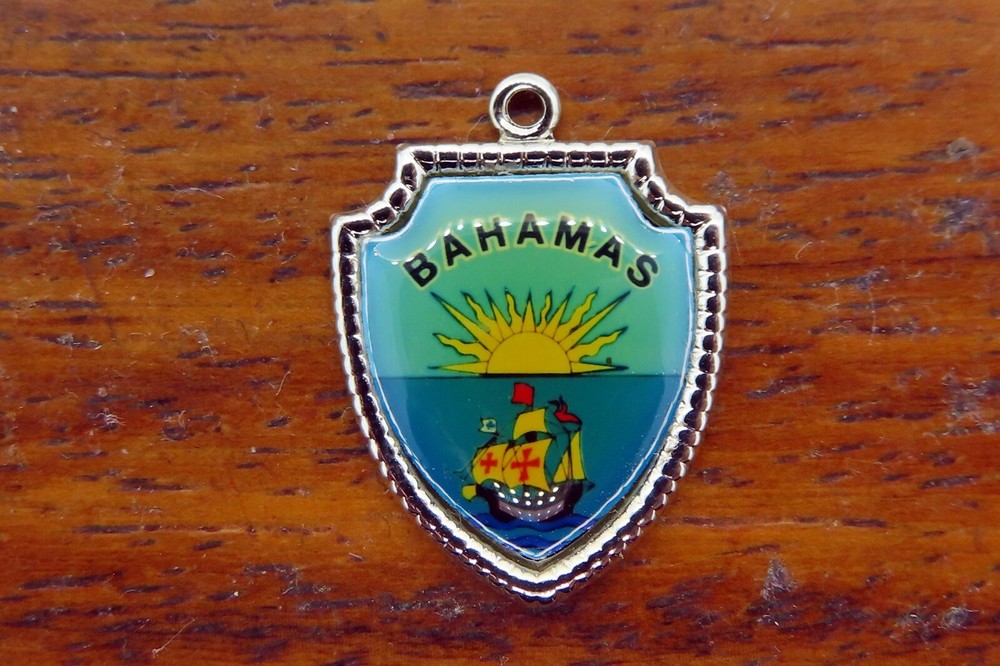Vintage silver SPANISH WELLS SHIP BAHAMAS ISLAND TRAVEL SHIELD charm 28-6