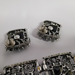 Wide Rhinestone Panel Bracelet 5 link & Earrings Set ab black rhinestones vtg