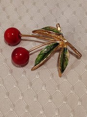 Vintage Enamel Cherry Berry Red Gold Green Leaves Branch Brooch Pin 2.5″ Long