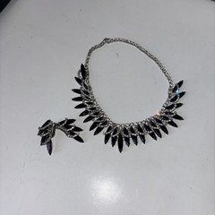Black Navette Rhinestone Necklace Clip Earrings Set Unmarked “Juliana Style”