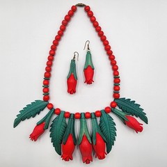 Vintage Red Rose Necklace & Earrings Set Carved Wood Look Folk Art 1960s