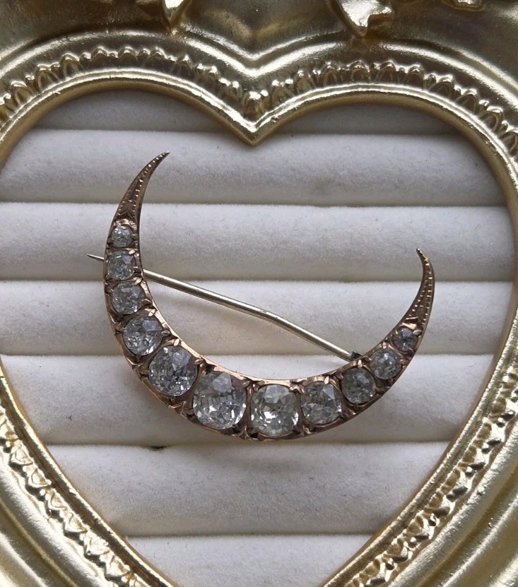 Antique Victorian GF Crescent Moon Paste Stone Brooch Pin Estate